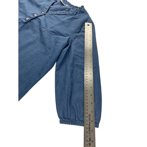 Croft & Barrow Chambray Ruffle V-Neck Top 3/4 Sleeve Denim Blouse Womens Size PS - Picture 8 of 10